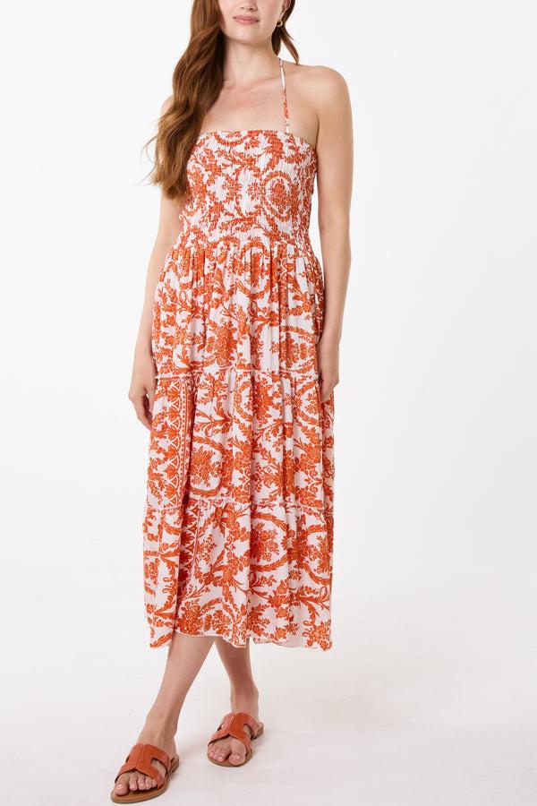 Qed London Vintage Floral Shirred Bust Tie Dress