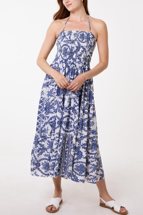 qed london Vintage Floral Shirred Bust Tie Dress