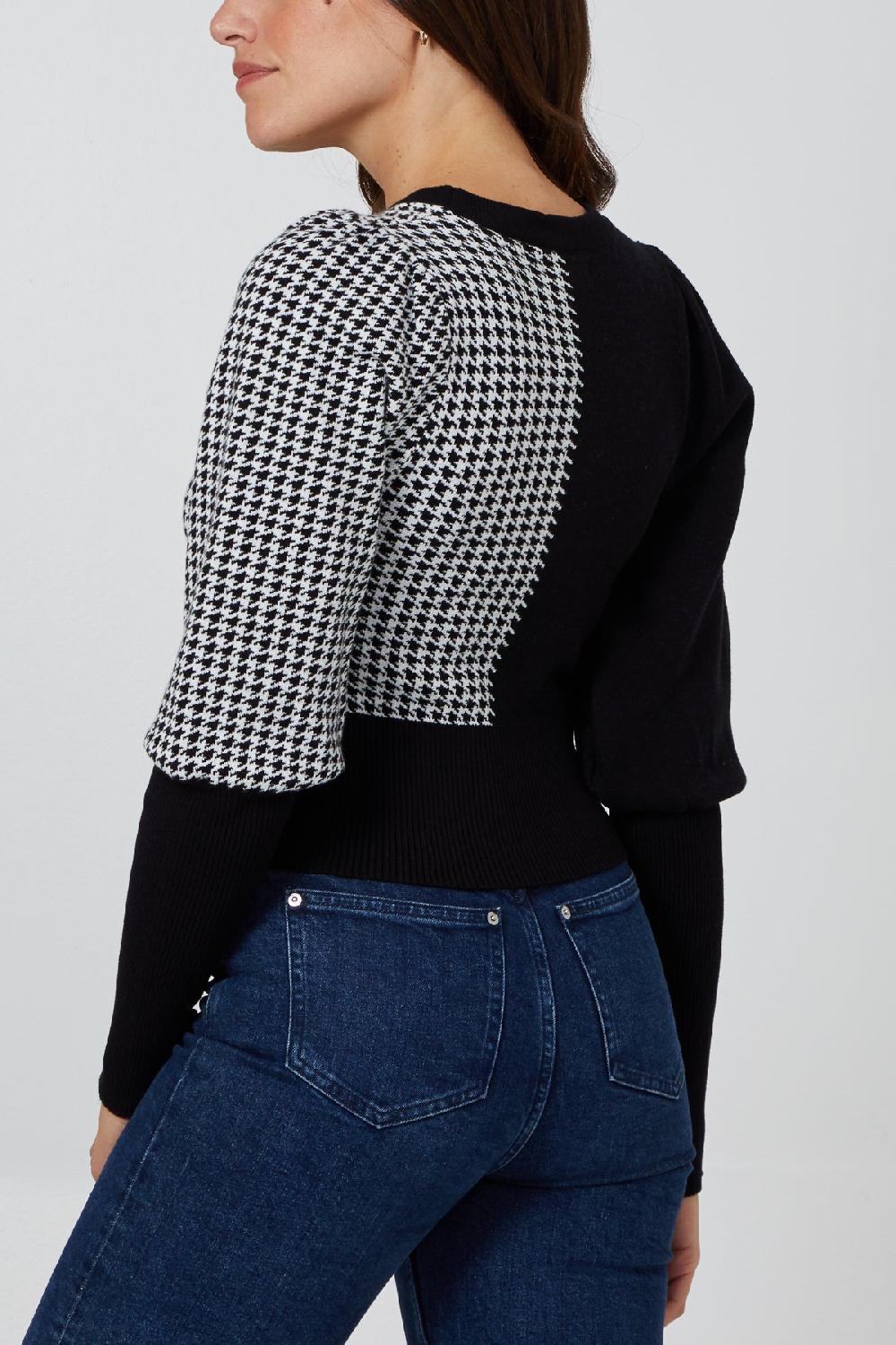 Qed London Volume Sleeve Half Houndstooth Jumper