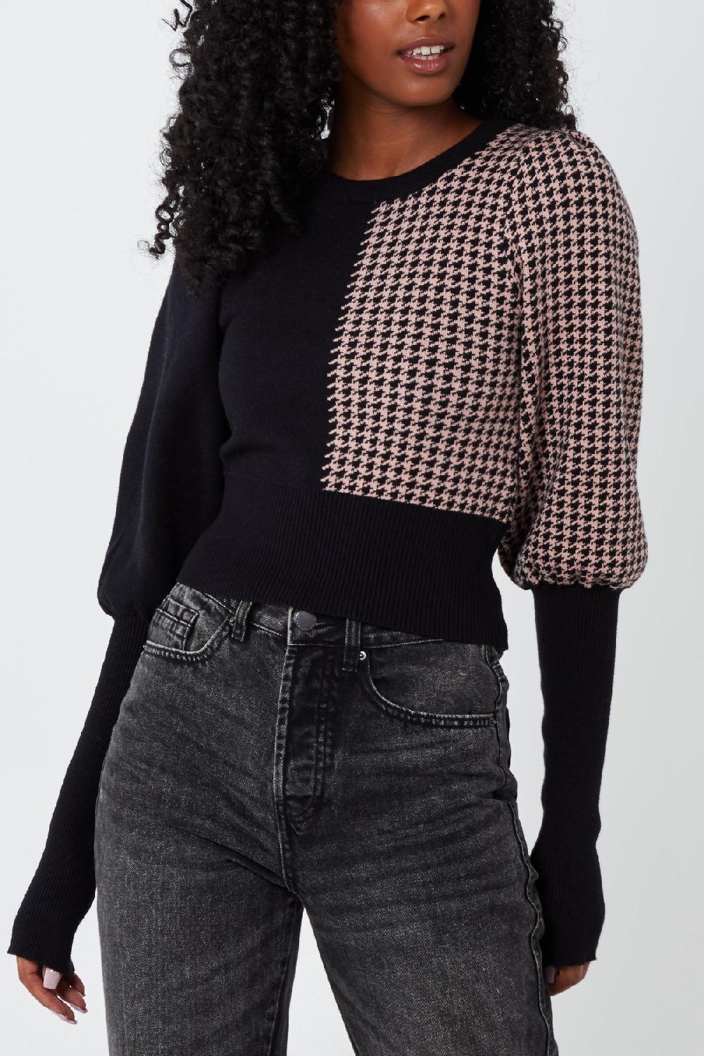 Qed London Volume Sleeve Half Houndstooth Jumper