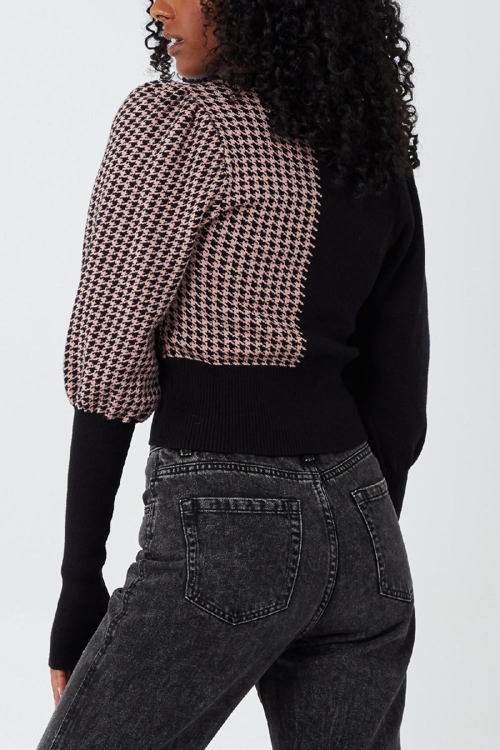 Qed London Volume Sleeve Half Houndstooth Jumper