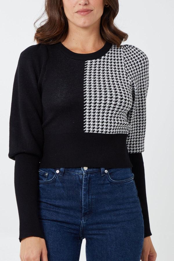 Qed London Volume Sleeve Half Houndstooth Jumper