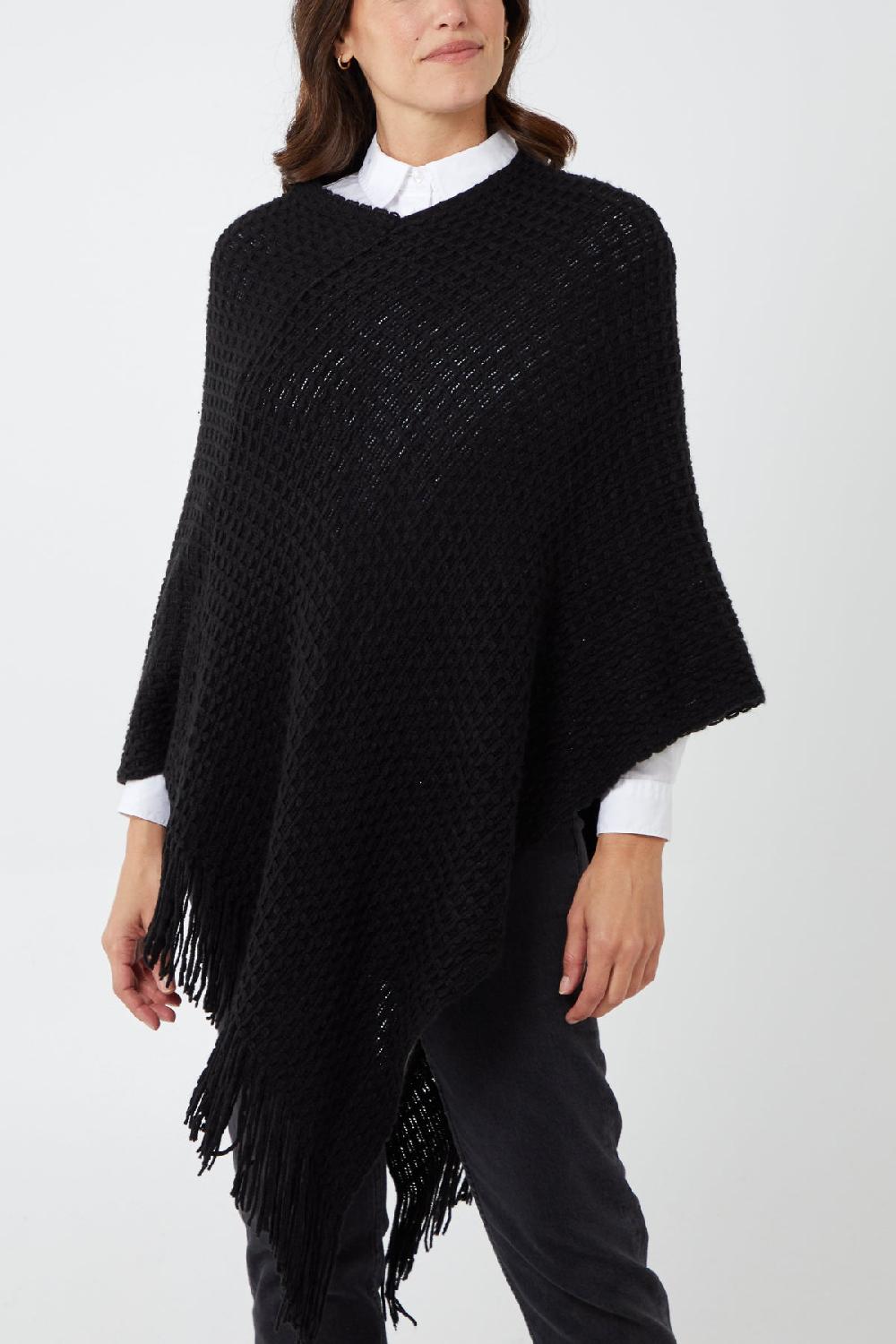 Qed London Waffle Knit Fringe Hem Poncho