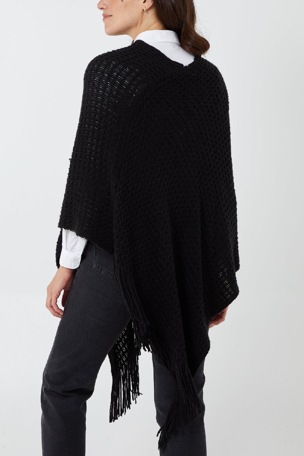 Qed London Waffle Knit Fringe Hem Poncho