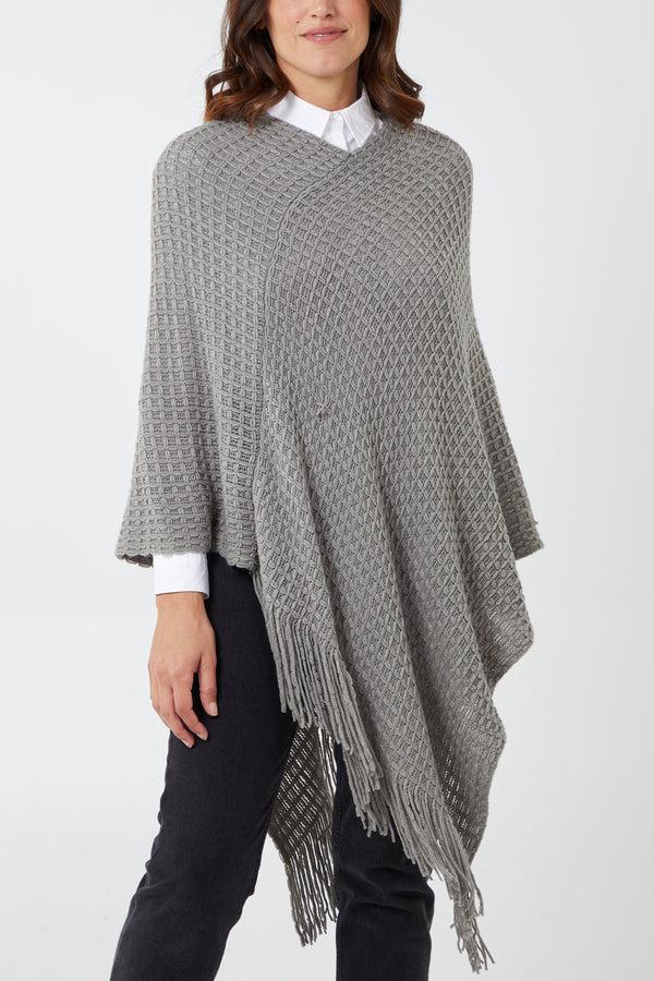 qed london Waffle Knit Fringe Hem Poncho