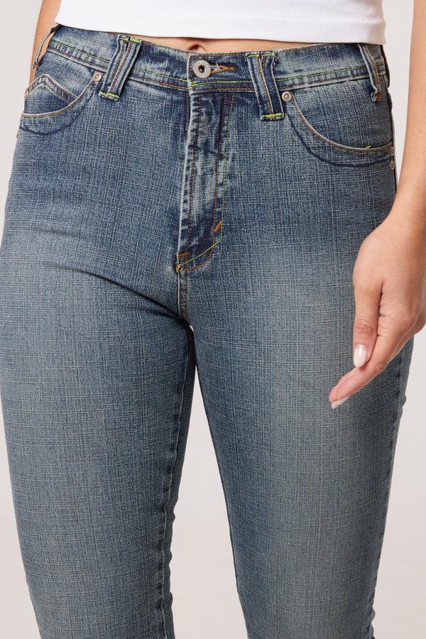 Qed London Washed Denim Green Stitch Jeans