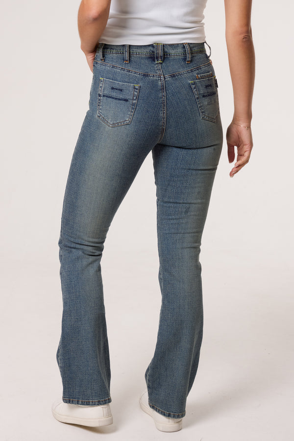 Qed London Washed Denim Green Stitch Jeans