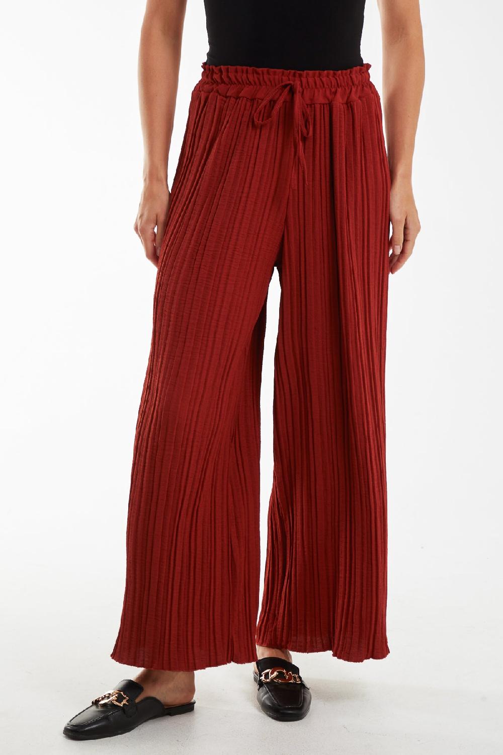 Qed London Wide Leg Plisse Drawstring Trousers