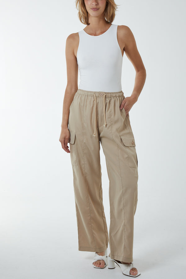 Qed London Wide Leg Tie Waist Cargo Trousers