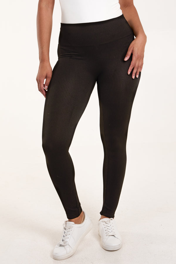 qed london Wide Waistband Black Ribbed Legging