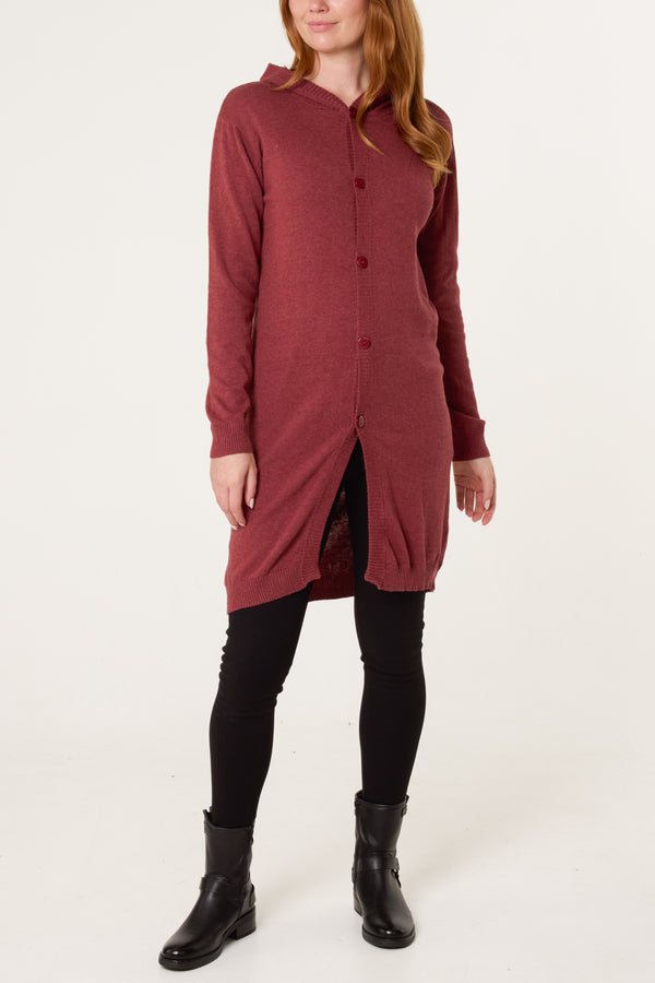 Qed London Wine Longline Button Hooded Cardigan
