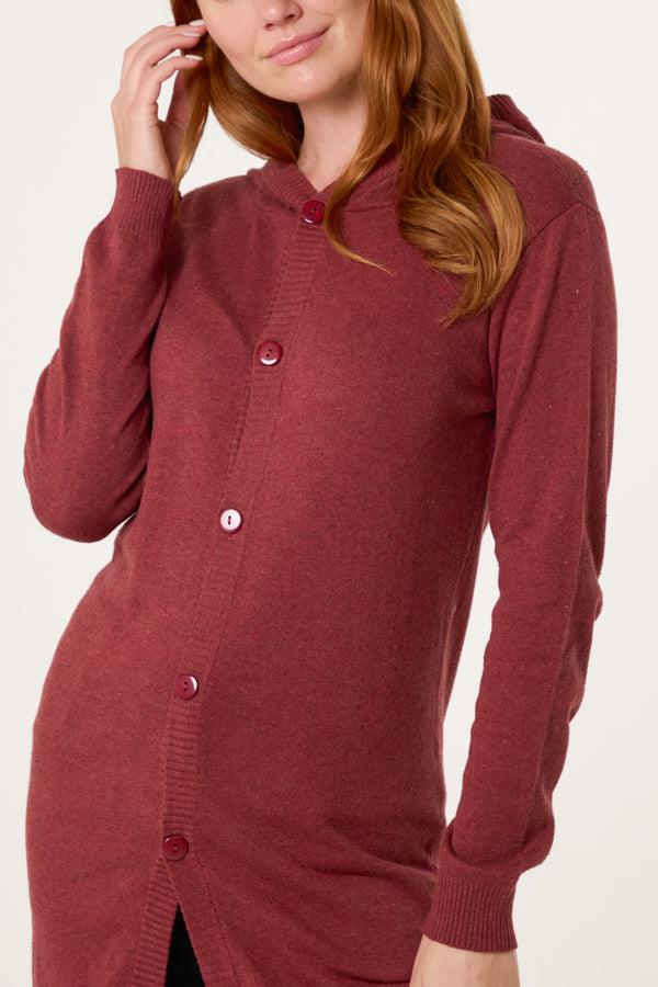 Qed London Wine Longline Button Hooded Cardigan
