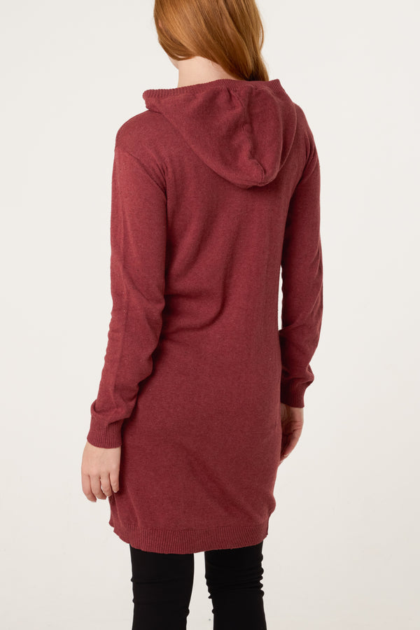 Qed London Wine Longline Button Hooded Cardigan
