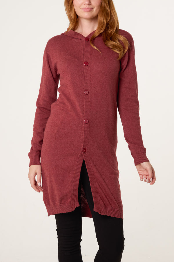 qed london Wine Longline Button Hooded Cardigan