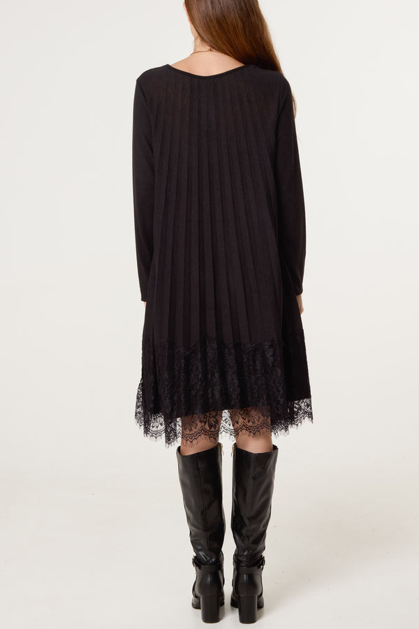 Qed London Wool Blend Pleated Lace Mini Dress