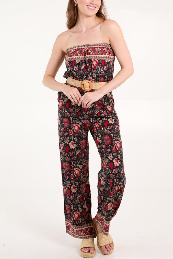qed london Woven Belted Bandeau Floral Jumpsuit