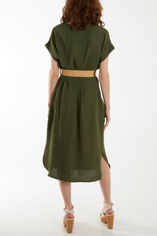 Qed London Woven Belted V-Neck Midi Dress