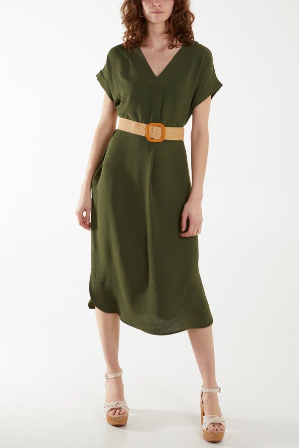 qed london Woven Belted V-Neck Midi Dress