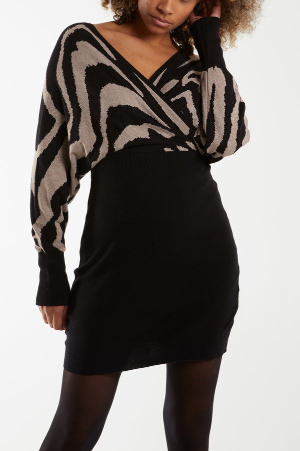 Qed London Wrap Animal Batwing Knitted Mini Dress