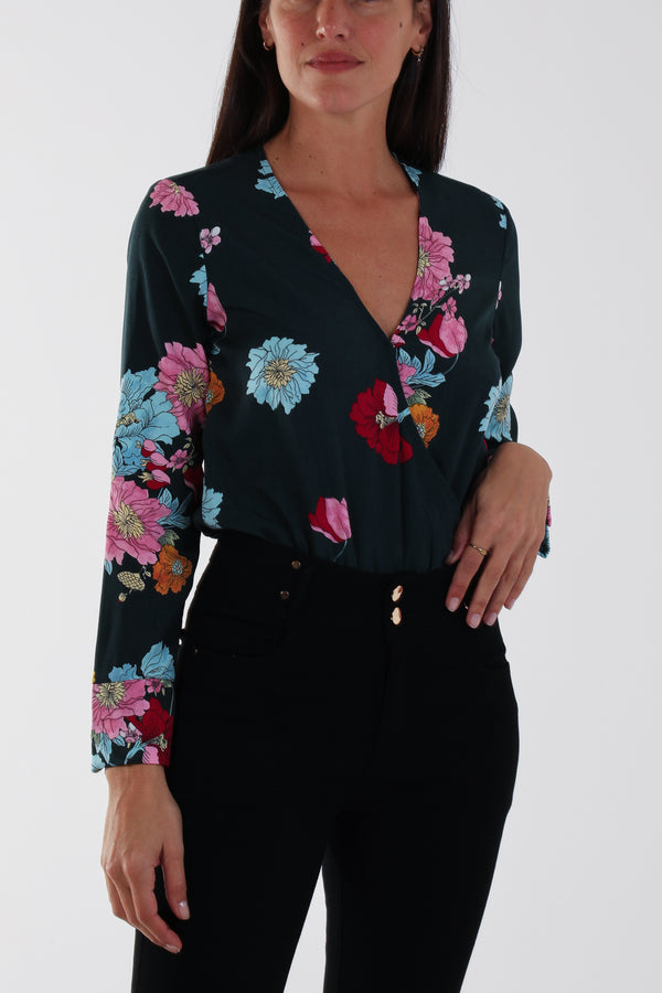 qed london Wrap Front Floral Bodysuit