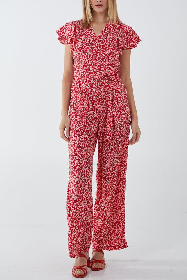 qed london Wrap Front Frill Sleeve Jumpsuit