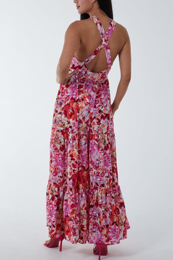 Qed London Wrap Front Halter Floral Maxi Dress