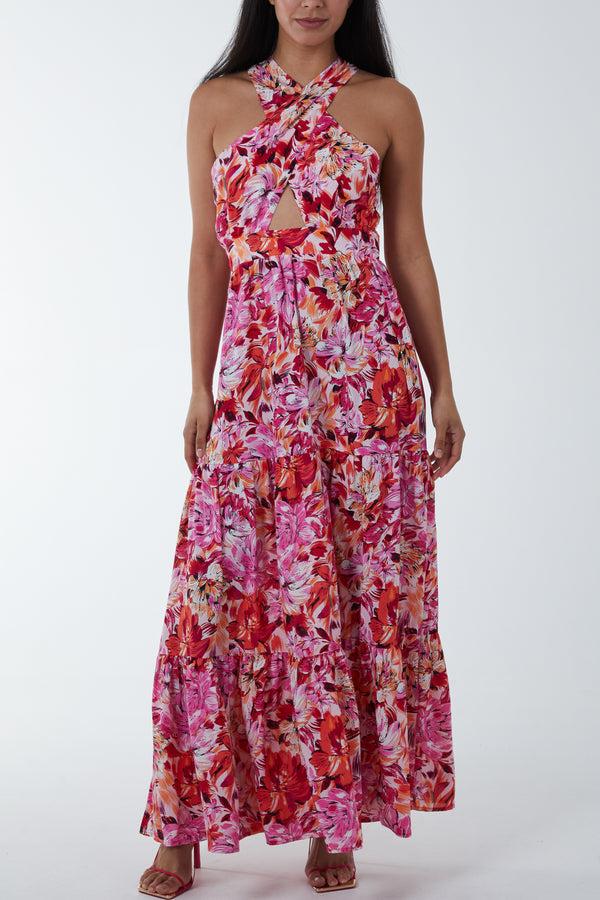 Qed London Wrap Front Halter Floral Maxi Dress