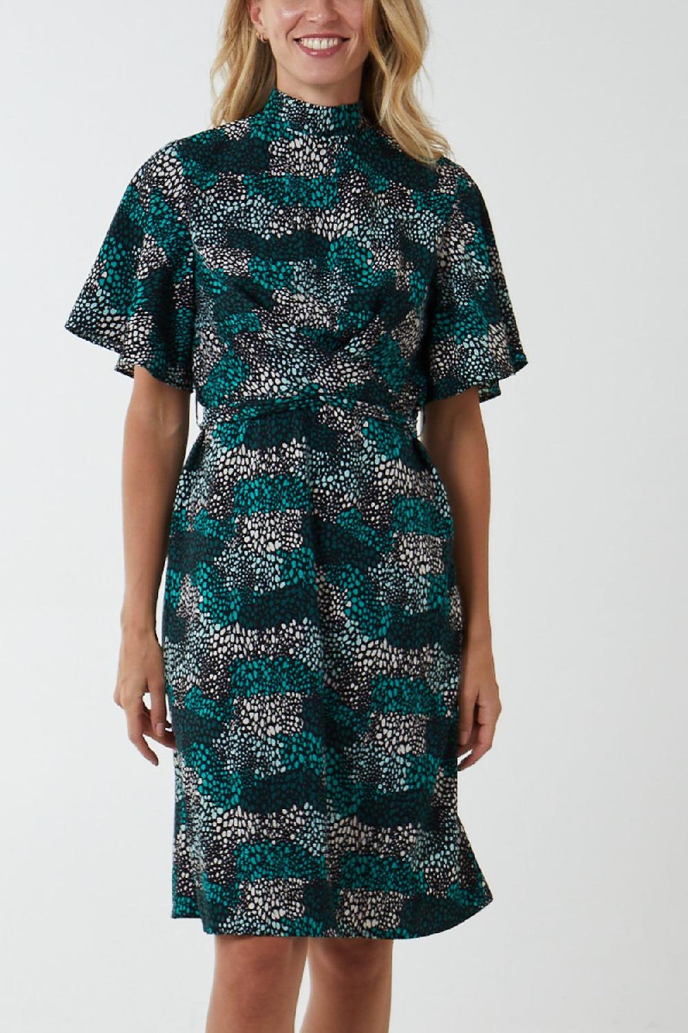 Qed London Wrap Front High Neck Angel Sleeve Dress