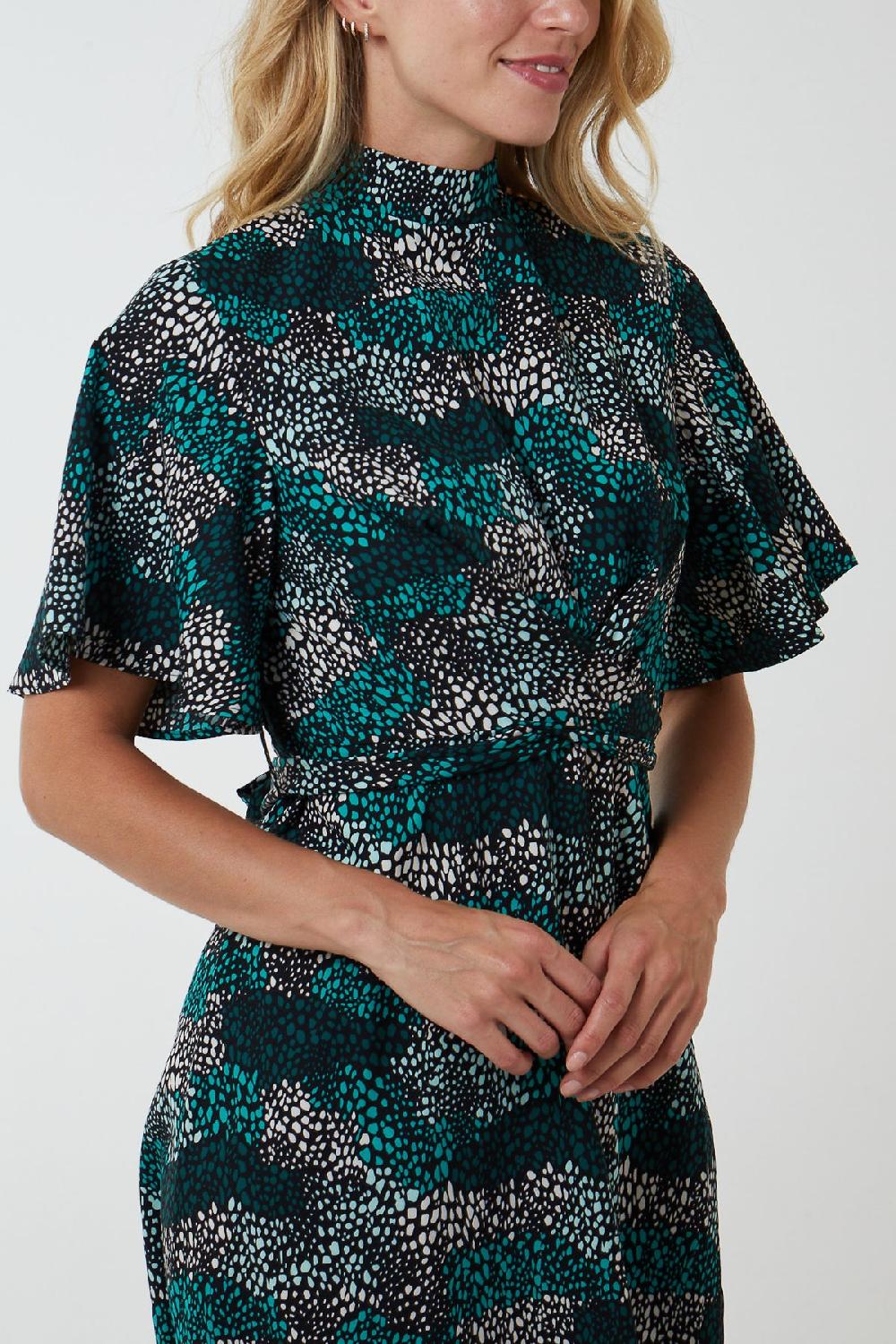 Qed London Wrap Front High Neck Angel Sleeve Dress