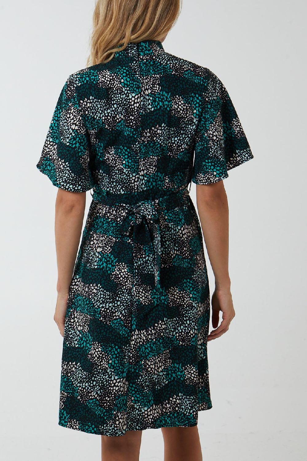 Qed London Wrap Front High Neck Angel Sleeve Dress