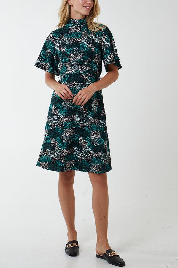 qed london Wrap Front High Neck Angel Sleeve Dress