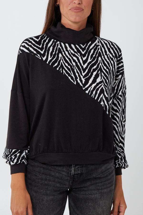 Qed London Zebra Pattern Block Roll Neck Jumper