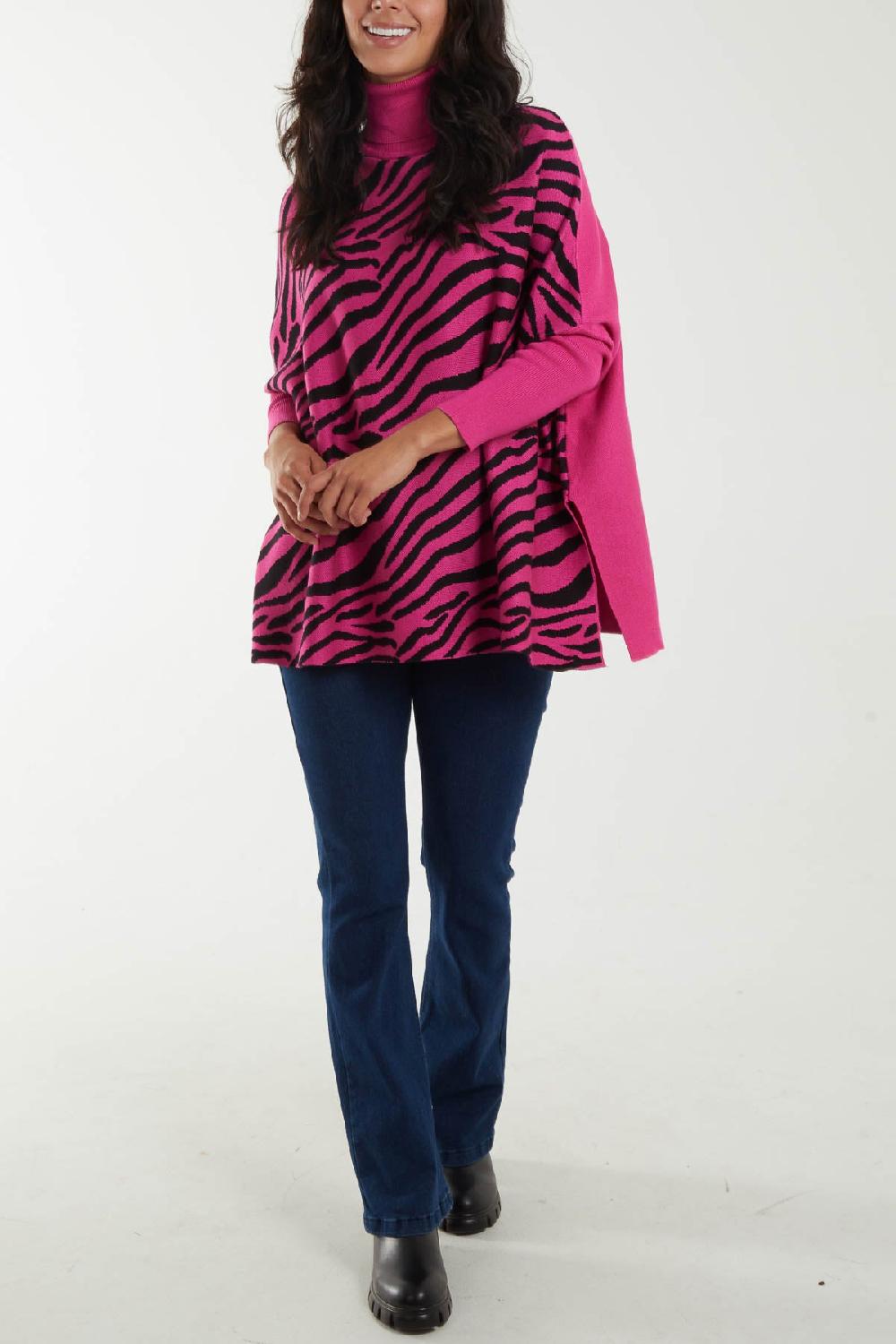 Qed London Zebra Pattern High Neck Batwing Jumper