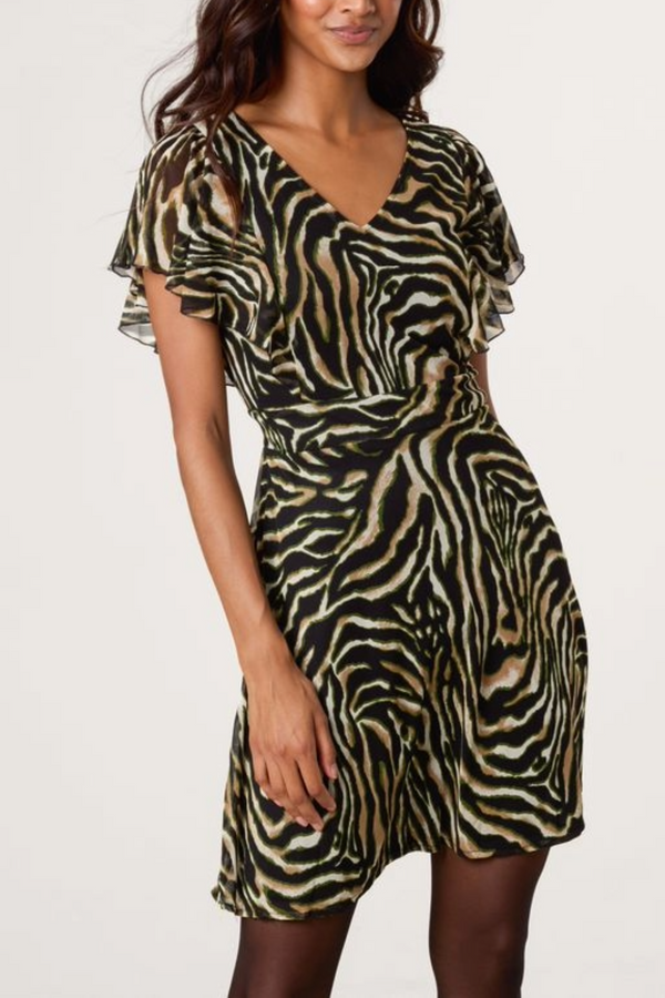 Qed London Zebra Print Flutter Sleeve Mini Dress