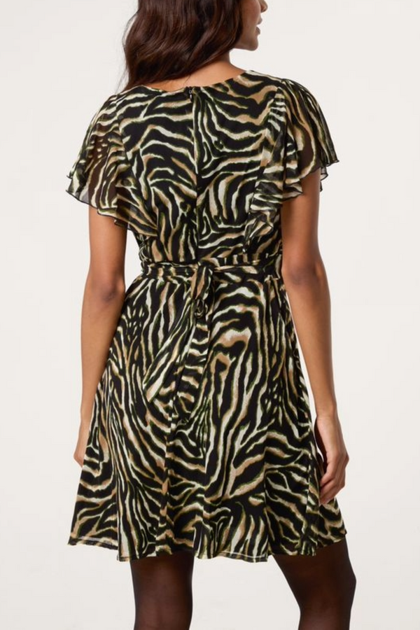 Qed London Zebra Print Flutter Sleeve Mini Dress