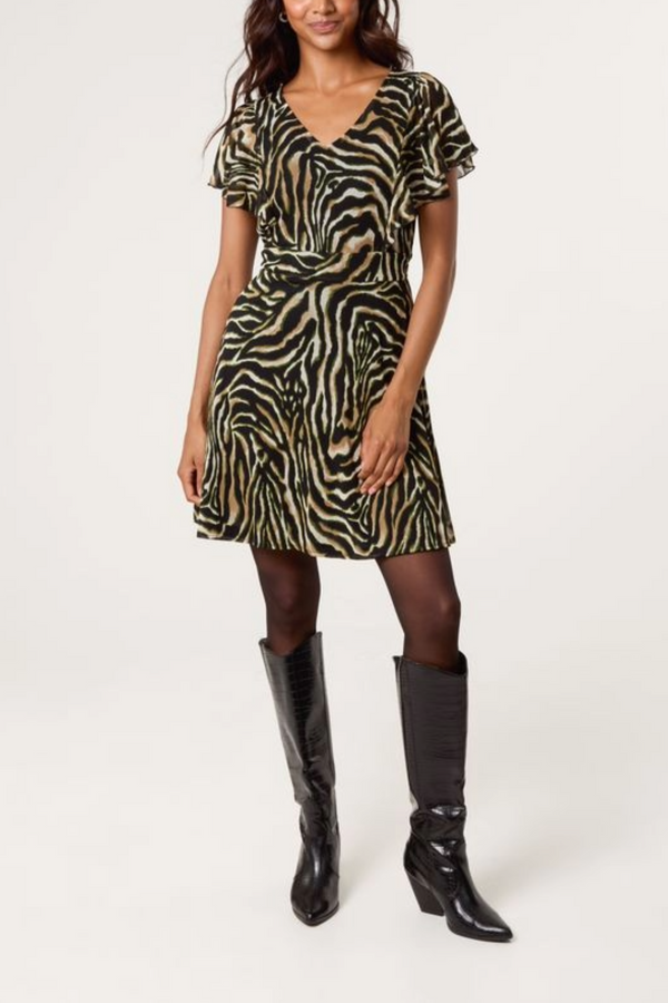 qed london Zebra Print Flutter Sleeve Mini Dress