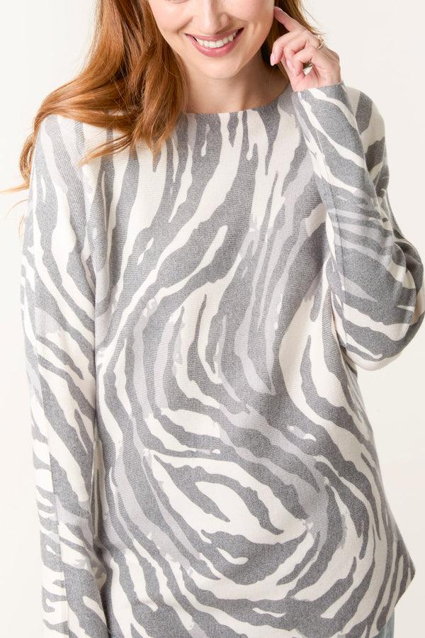 Qed London Zebra Print Round Neck Jumper