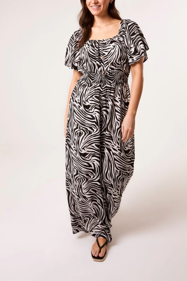 Qed London Zebra Print Shirred Waist Jumpsuit