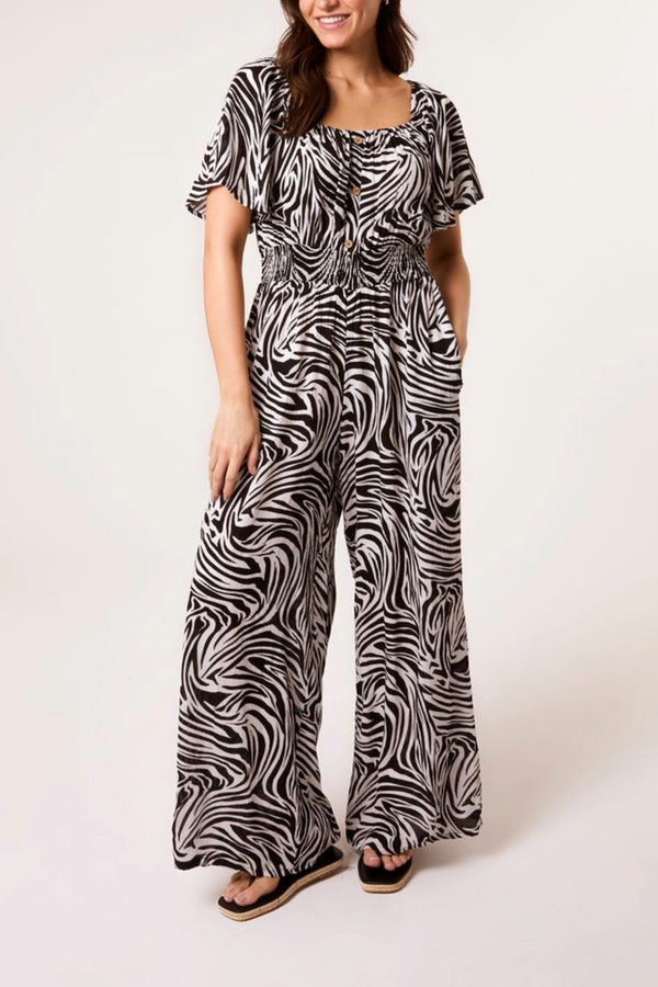 qed london Zebra Print Shirred Waist Jumpsuit