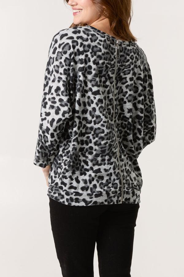 Qed London Zip Back Animal Print Batwing Top