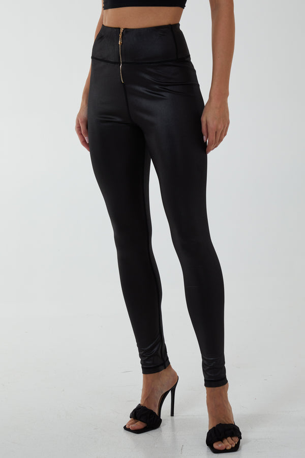 qed london Zip Front Wet Look Leggings