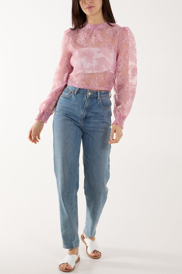 Qed London Zip Through Floral Mesh Blouse