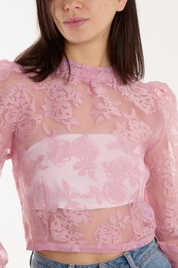 Qed London Zip Through Floral Mesh Blouse
