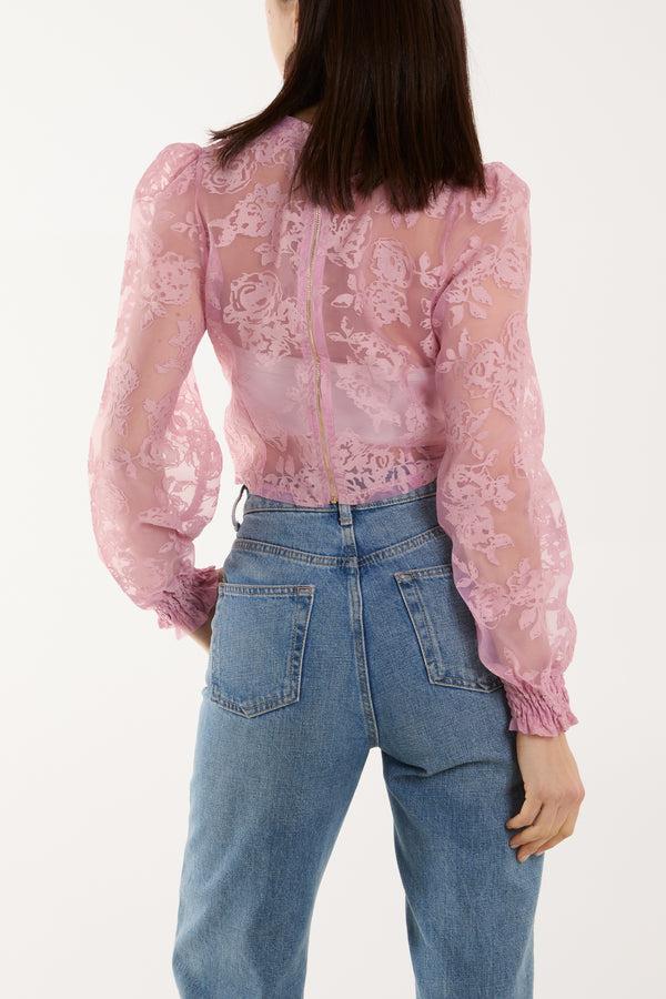 Qed London Zip Through Floral Mesh Blouse