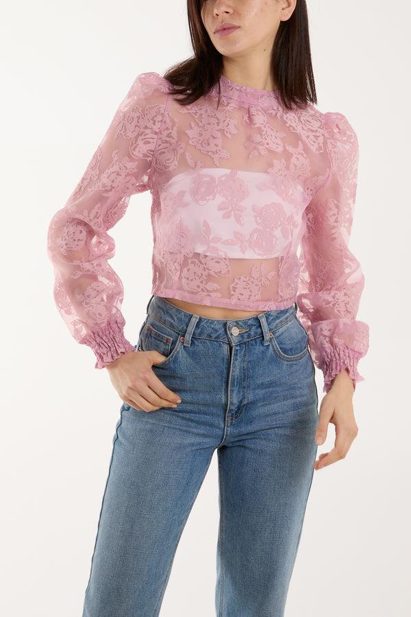 qed london Zip Through Floral Mesh Blouse