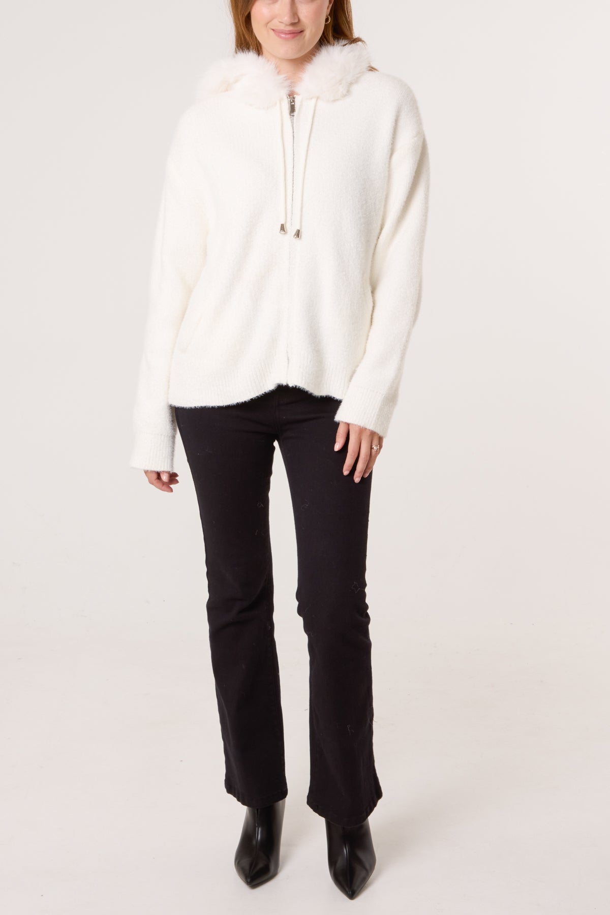 Qed London Zip Up Fur Trim Chenille Hairy Hoodie