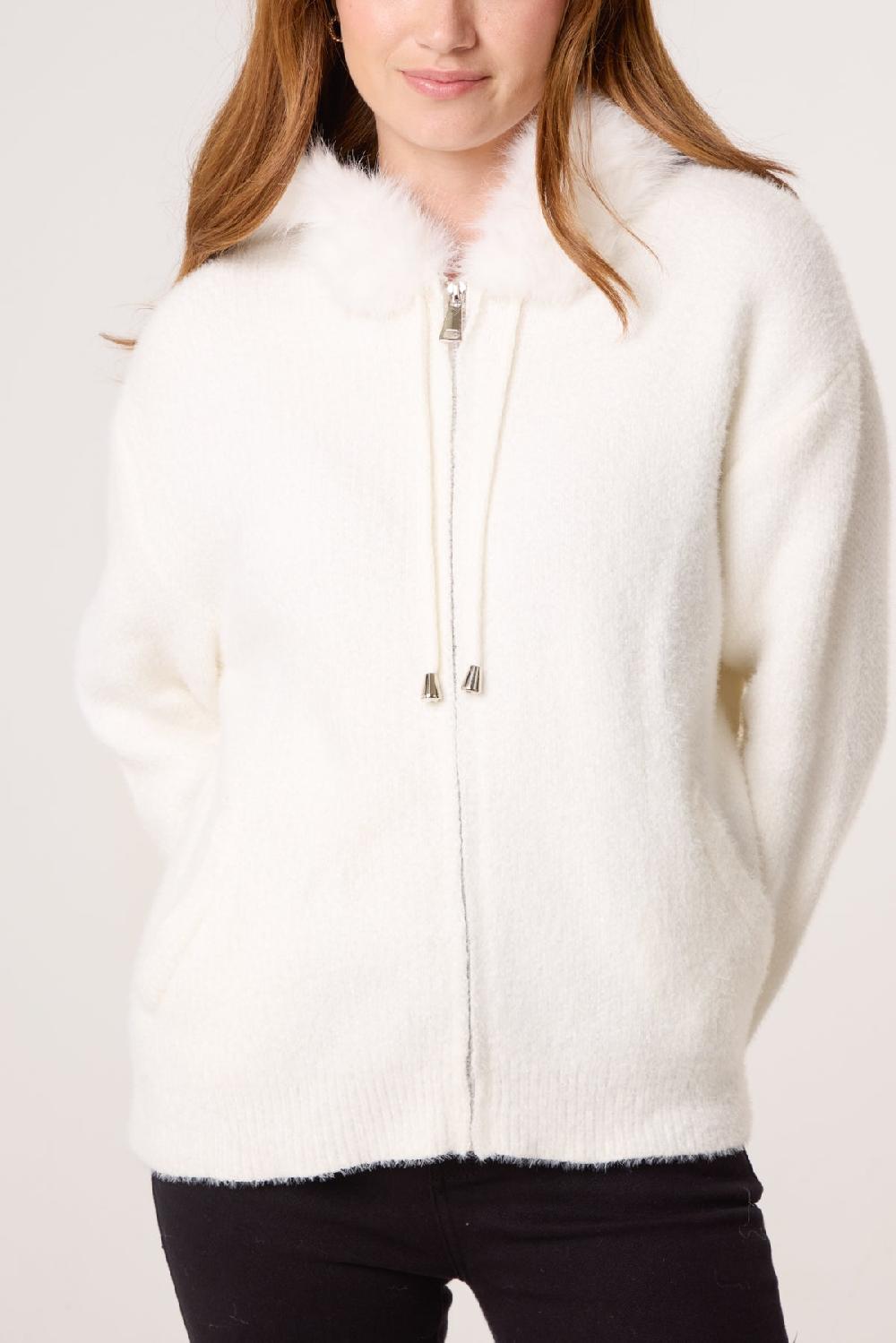 Qed London Zip Up Fur Trim Chenille Hairy Hoodie