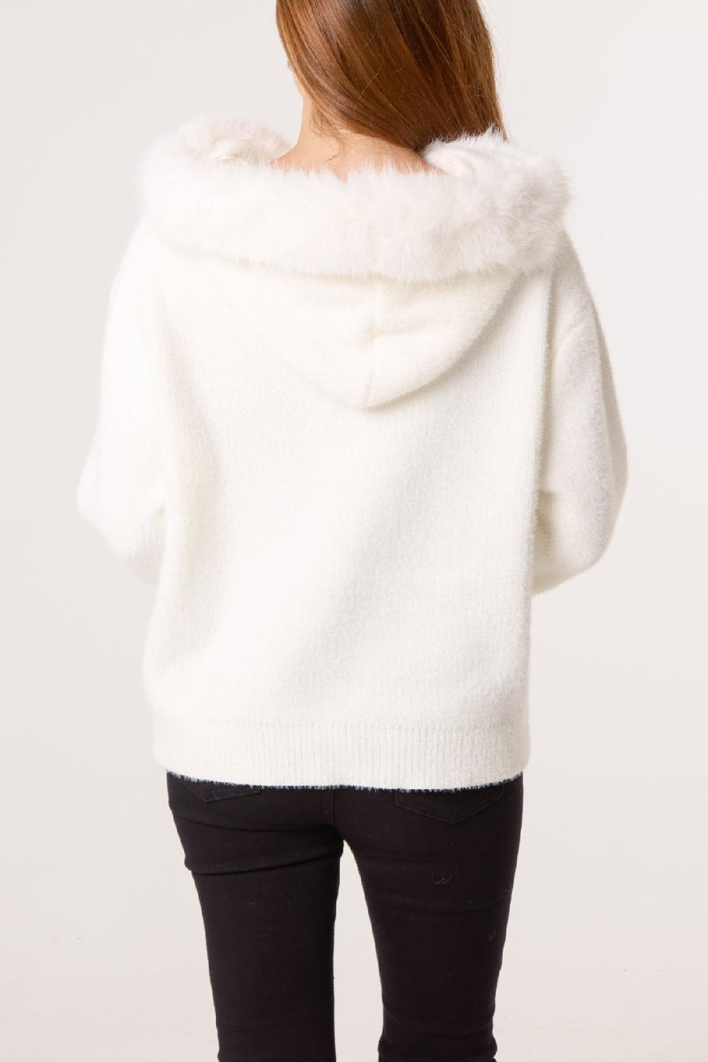 Qed London Zip Up Fur Trim Chenille Hairy Hoodie