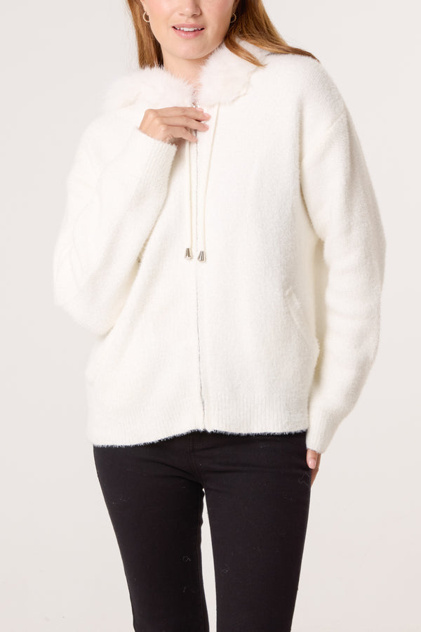 qed london Zip Up Fur Trim Chenille Hairy Hoodie