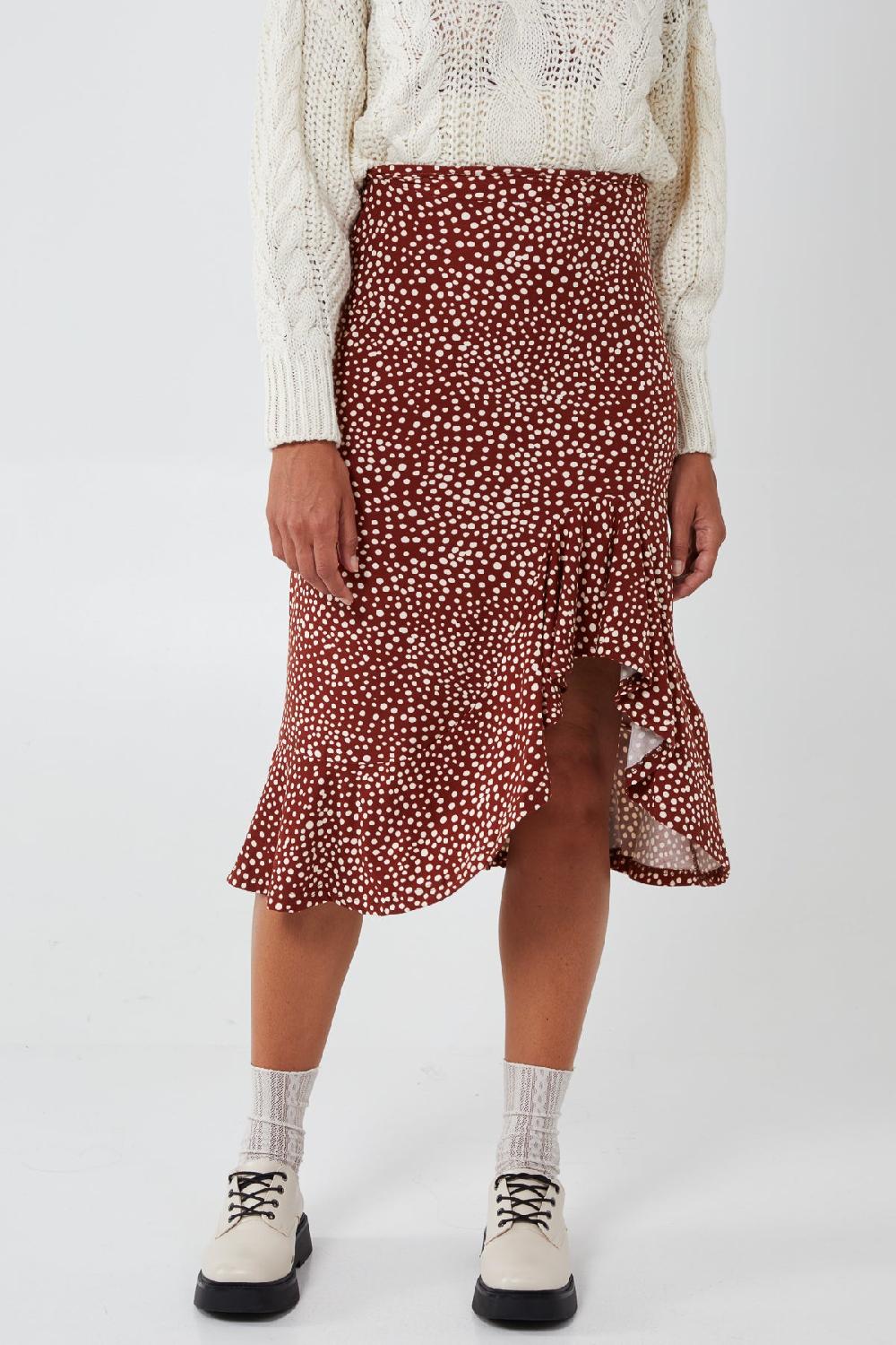 Qed London Random Spot Print Asymmetric Frill Hem Soft Touch Midi Skirt
